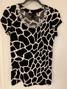 INC International Concepts Black & White Embellished Neck Short Sleeve Top